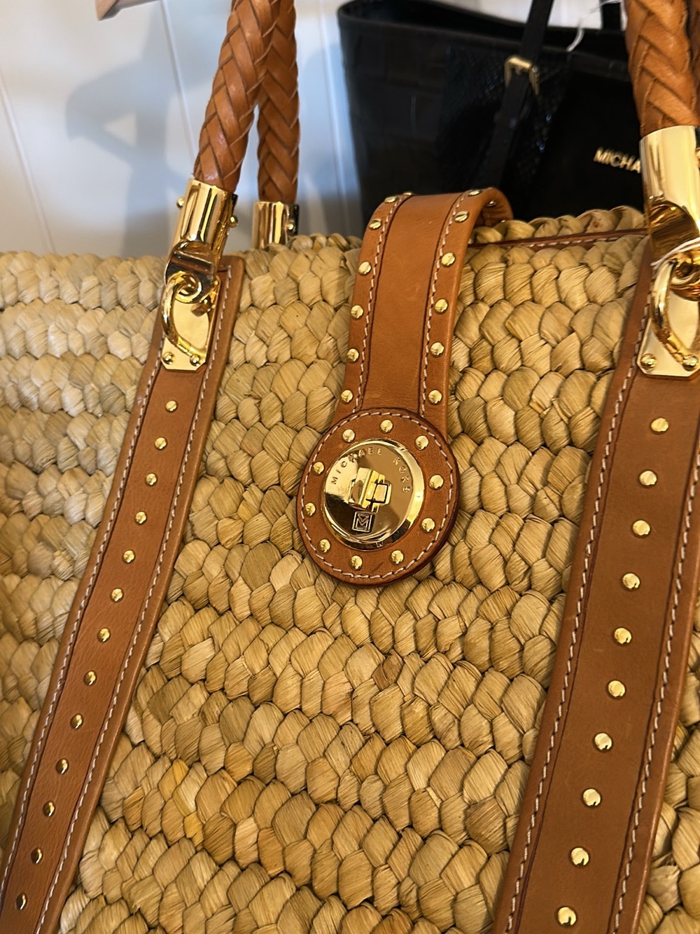 Michael Kors Natural Straw Tote with Brown Leather Handles and Gold Hardware - Picture 7 of 8
